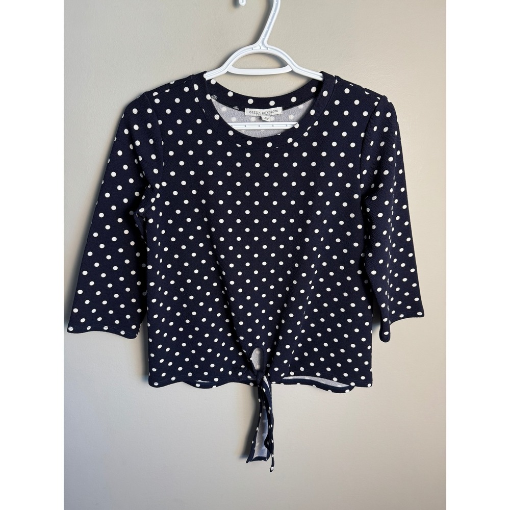 Green Envelope Womens Navy Polka Dot Tie Front Top S Preppy Nautical Retro